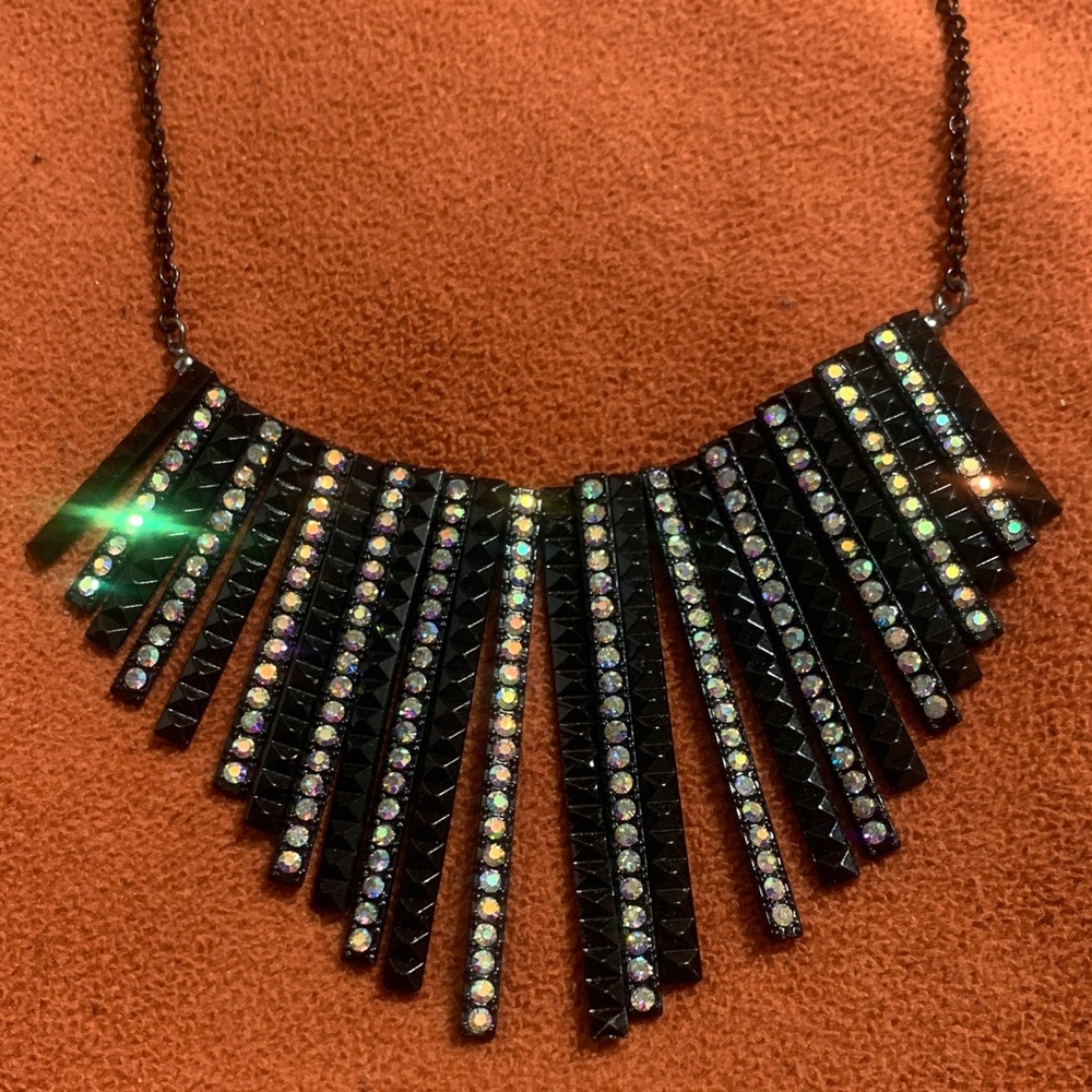 Black Bid Bar Statement necklace w/ iridescent Rhinestone Crystals